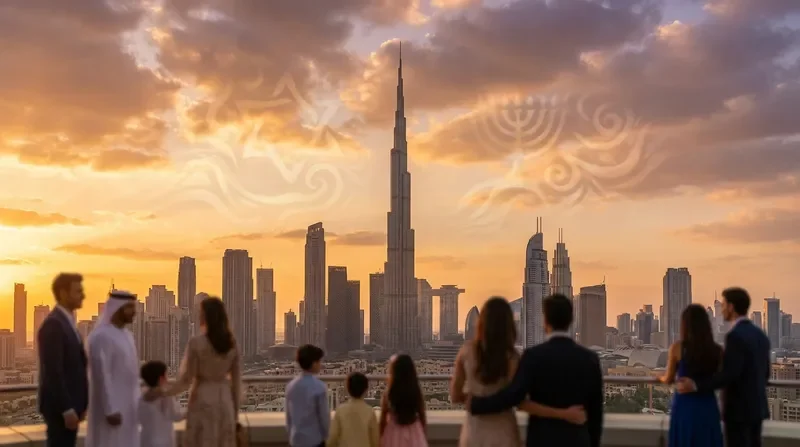 קו הרקיע של דובאי בשקיעה עם מוטיבים יהודיים עדינים